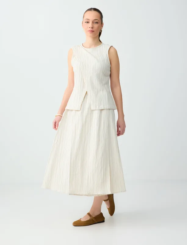 Bayan  Rahat Kesim Beli Lastikli Normal Bel Dokuma Midi Etek