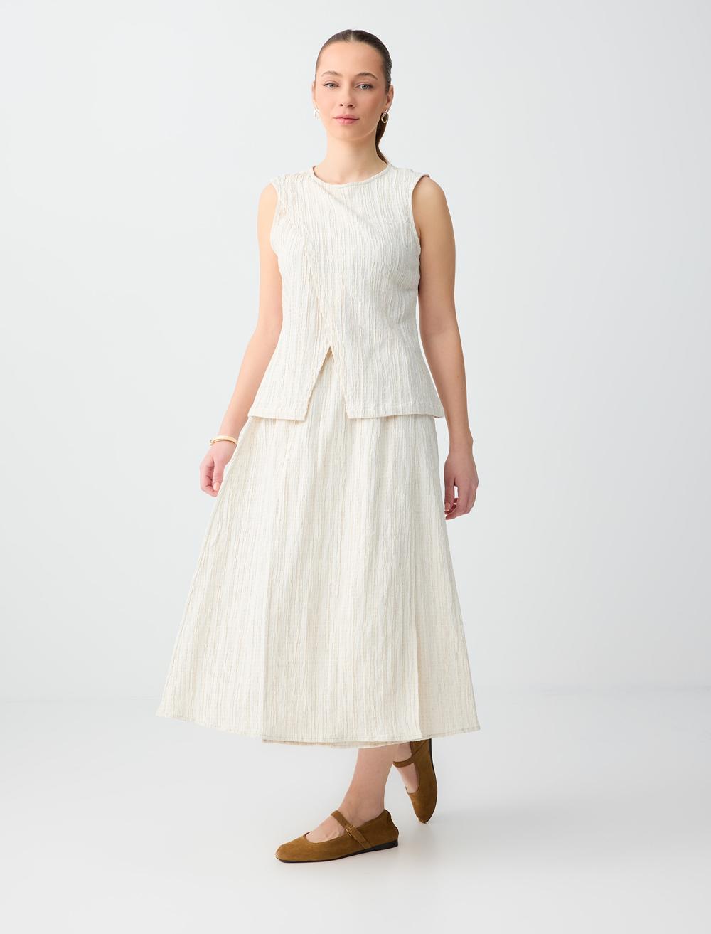 Rahat Kesim Beli Lastikli Normal Bel Dokuma Midi Etek