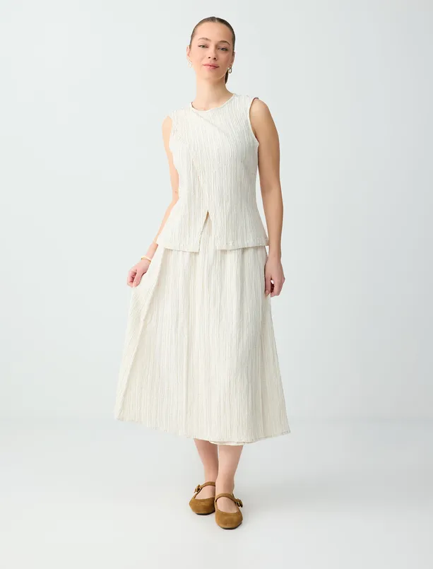 Bayan Bej Melanj Rahat Kesim Beli Lastikli Normal Bel Dokuma Midi Etek