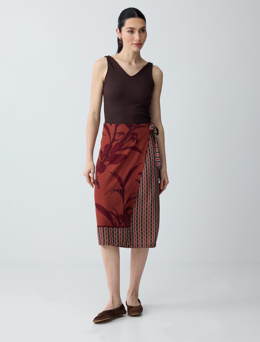Keten Karışımlı Etnik Desenli Normal Bel Midi Etek