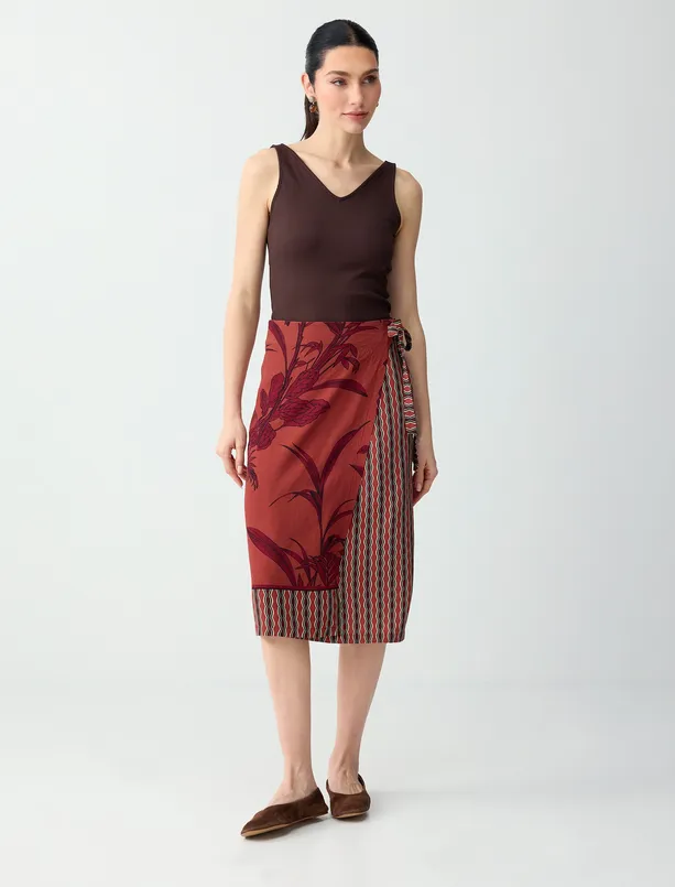 Bayan  Keten Karışımlı Etnik Desenli Normal Bel Midi Etek