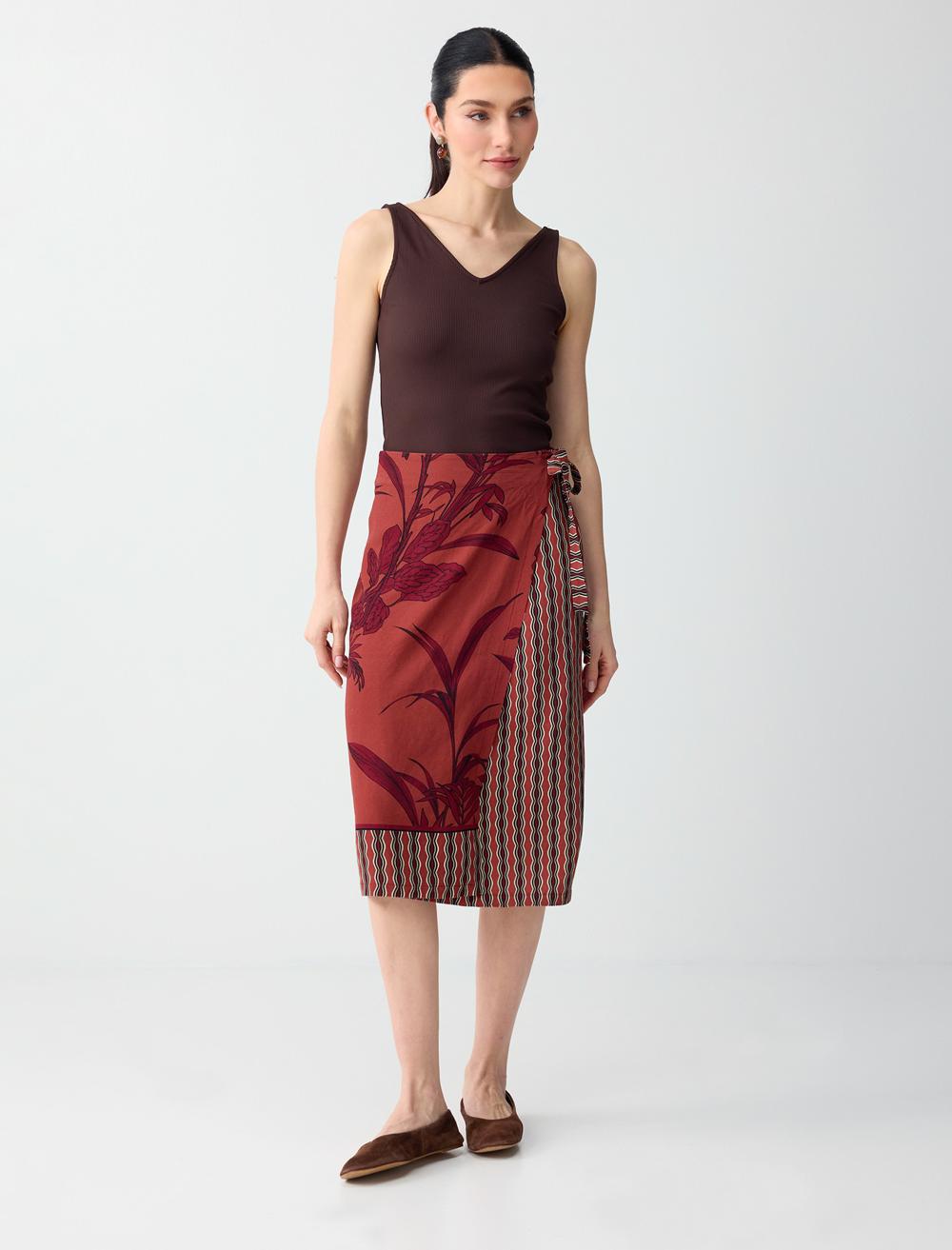 Keten Karışımlı Etnik Desenli Normal Bel Midi Etek