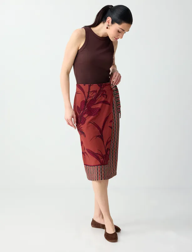 Women Red Linen Blend Ethnic Patterned Regular Waist Midi Skirt