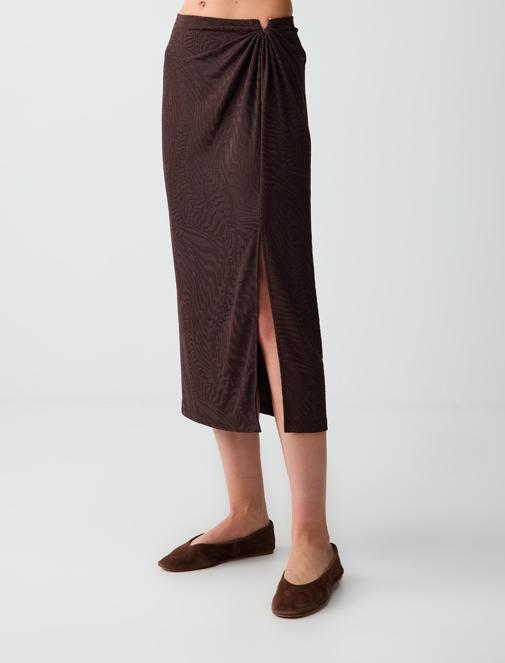 Yırtmaç Detaylı Normal Bel Midi Örme Etek Kombini