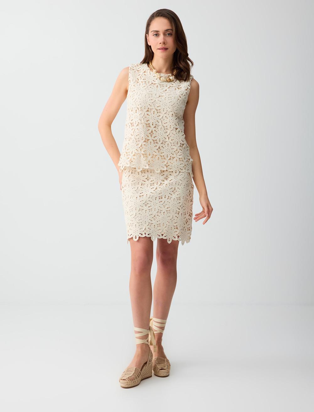 %100 Pamuk Dantel Detaylı Yüksek Bel Mini Etek