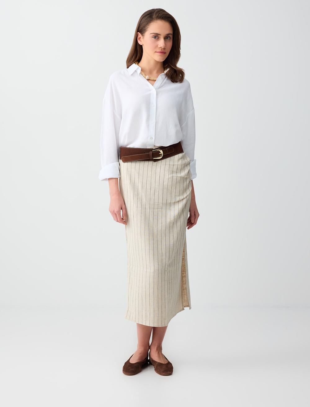 Çizgi Desenli Normal Bel Keten Karışımlı Midi Etek