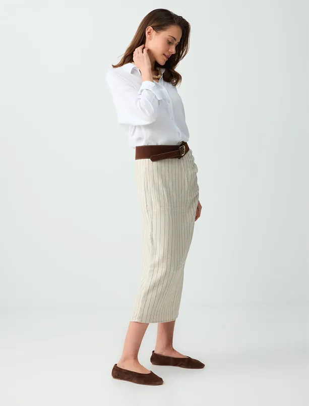 Bayan Bej Çizgi Desenli Normal Bel Keten Karışımlı Midi Etek