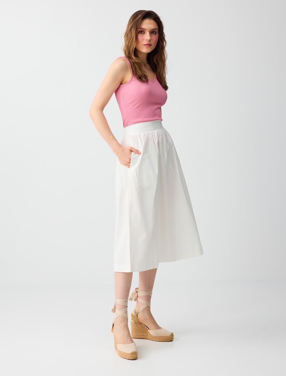 %100 Pamuk Normal Bel Rahat Kesim Midi Etek