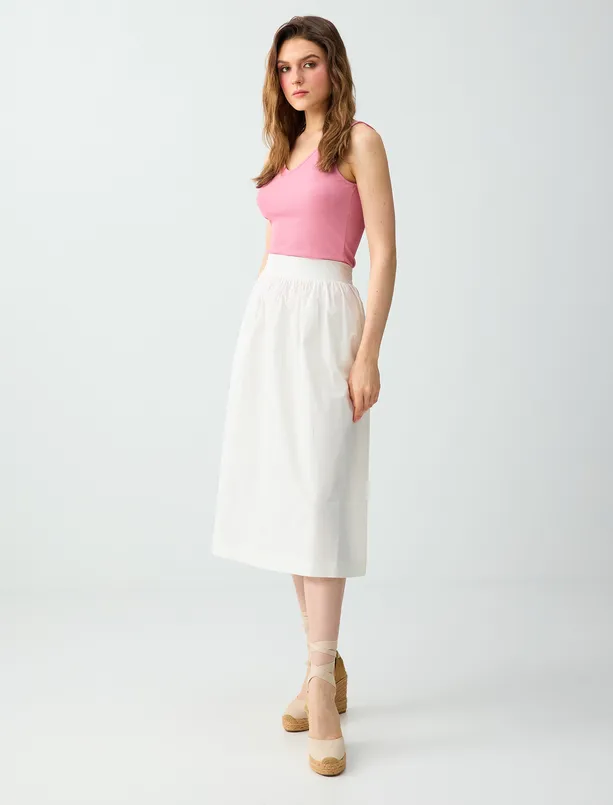 Bayan Beyaz %100 Pamuk Normal Bel Rahat Kesim Midi Etek