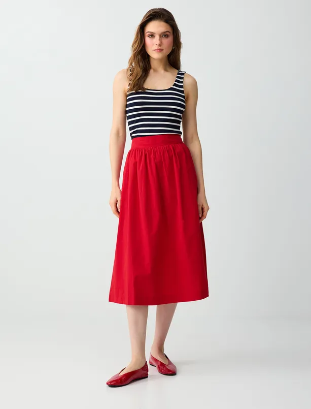 Bayan  %100 Pamuk Normal Bel Rahat Kesim Midi Etek