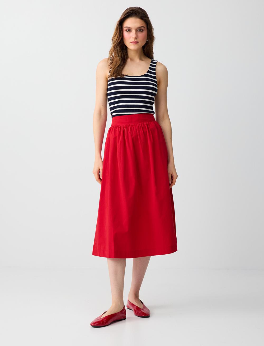 %100 Pamuk Normal Bel Rahat Kesim Midi Etek