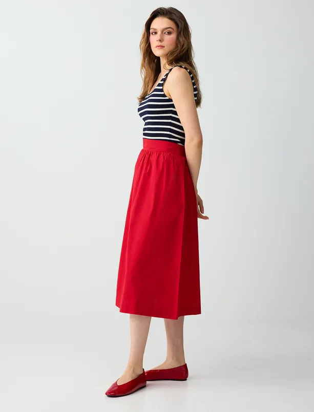 Bayan Kırmızı %100 Pamuk Normal Bel Rahat Kesim Midi Etek