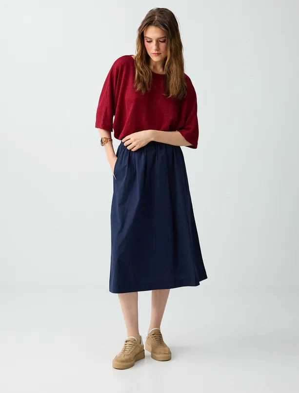 Bayan Lacivert %100 Pamuk Normal Bel Rahat Kesim Midi Etek