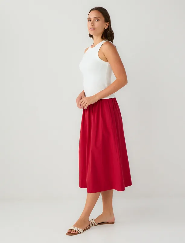 Bayan Kırmızı %100 Pamuk Normal Bel Rahat Kesim Midi Etek
