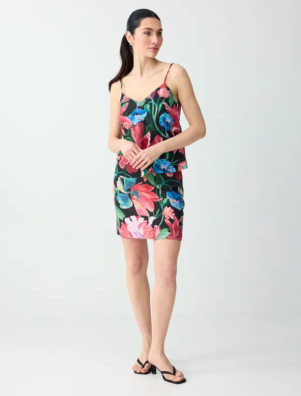 Bayan Siyah Keten Karışımlı Çiçek Desenli Normal Bel Mini Etek