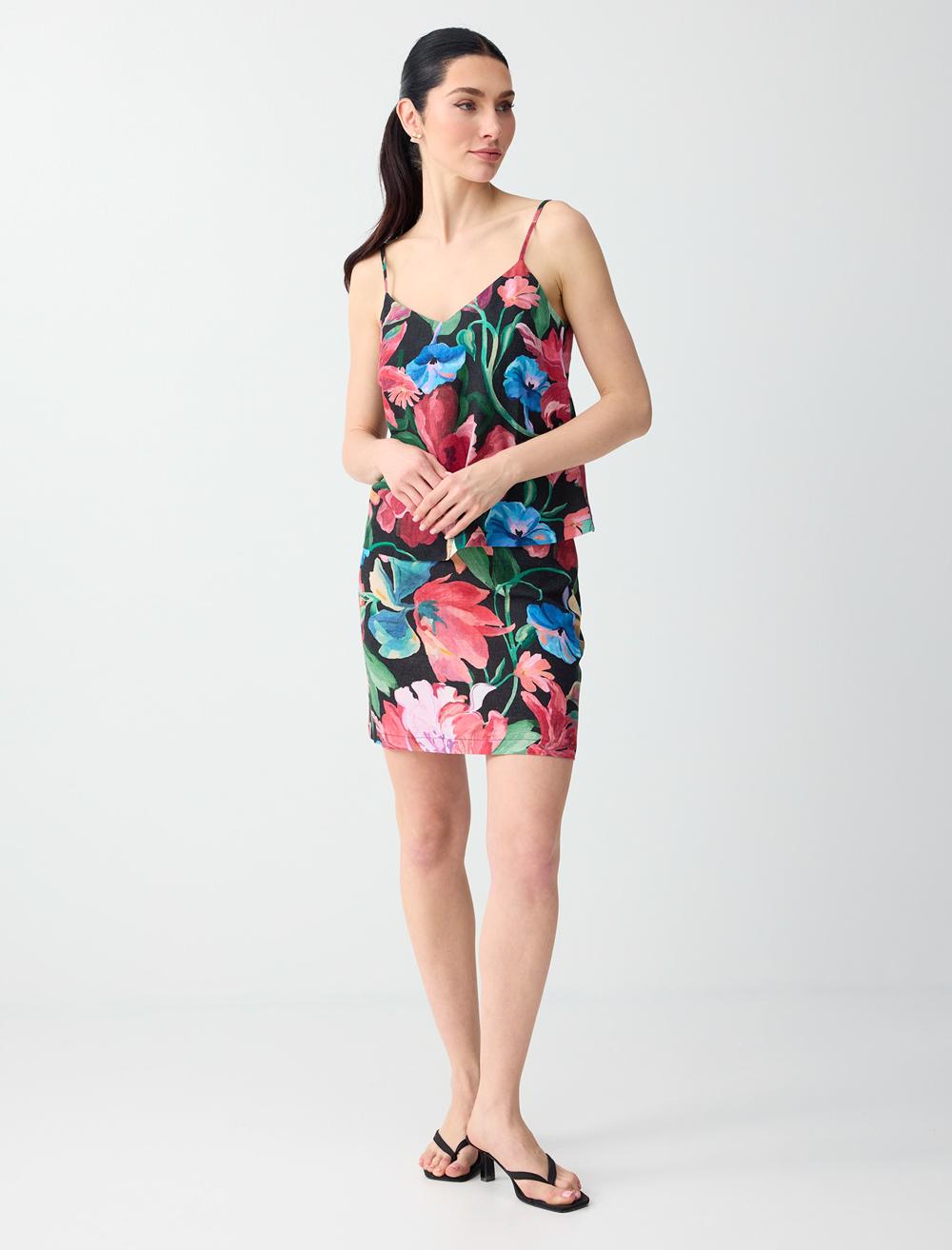 Keten Karışımlı Çiçek Desenli Normal Bel Mini Etek