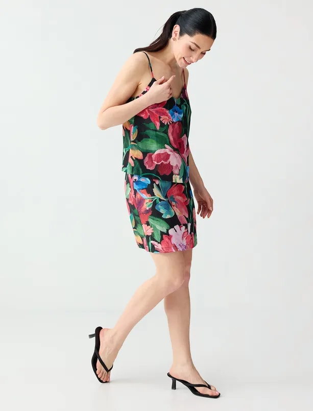 Bayan Siyah Keten Karışımlı Çiçek Desenli Normal Bel Mini Etek