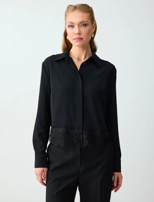 Bayan  Uzun Kollu Dantel Detaylı Kısa Dokuma Gömlek