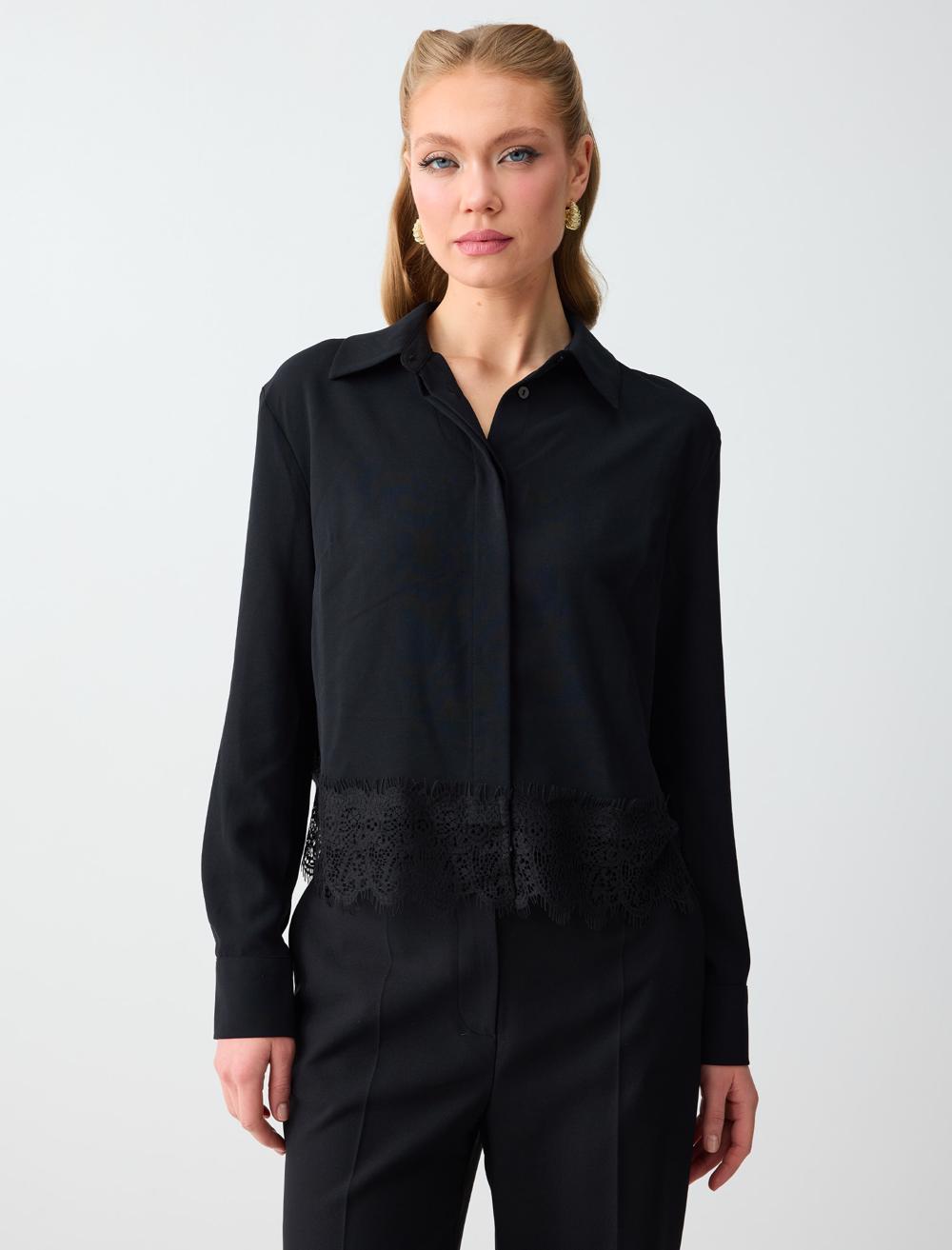 Uzun Kollu Dantel Detaylı Kısa Dokuma Gömlek