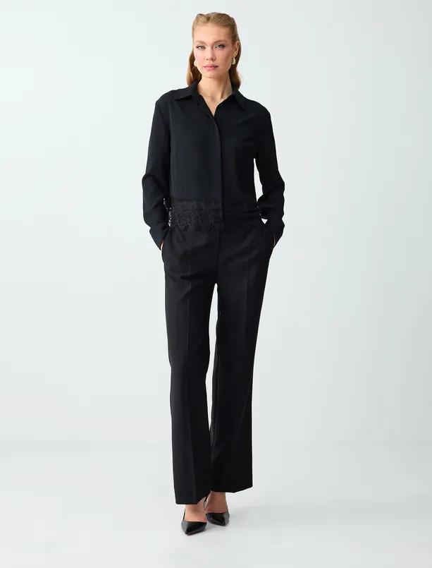 Bayan Siyah Uzun Kollu Dantel Detaylı Kısa Dokuma Gömlek