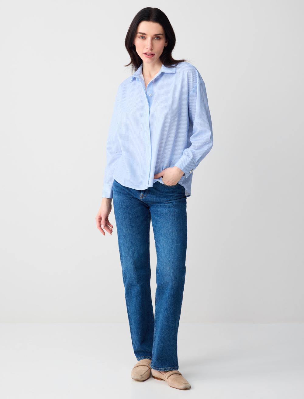 Çizgi Desenli Taş Baskılı Dokuma Gömlek