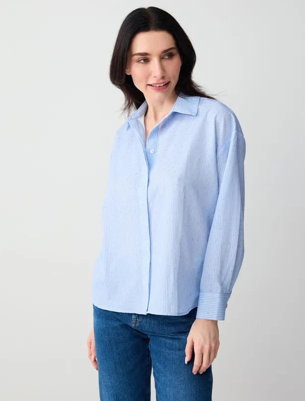 Bayan Mavi Çizgi Desenli Taş Baskılı Dokuma Gömlek