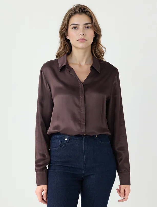 Bayan  Uzun Kollu Rahat Kesim Saten Gömlek