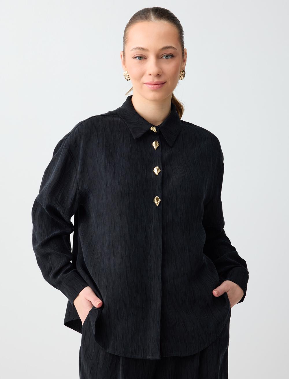 Rahat Kesim Uzun Kollu Metal Düğmeli Dokuma Gömlek