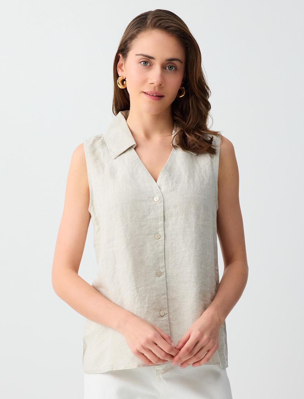 %100 Keten Kolsuz Dar Kesim Gömlek