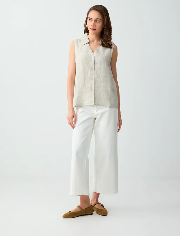 Bayan Bej %100 Keten Kolsuz Dar Kesim Gömlek