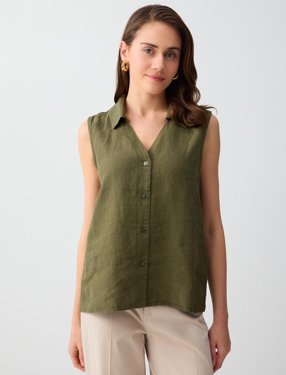 %100 Keten Kolsuz Dar Kesim Gömlek