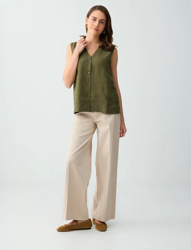 Bayan Haki %100 Keten Kolsuz Dar Kesim Gömlek