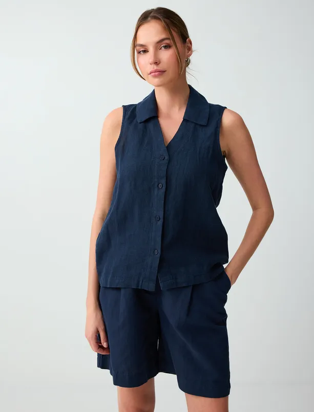 Bayan  %100 Keten Kolsuz Dar Kesim Gömlek