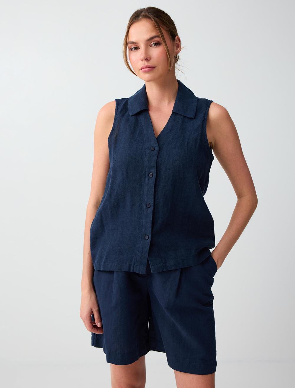 %100 Keten Kolsuz Dar Kesim Gömlek