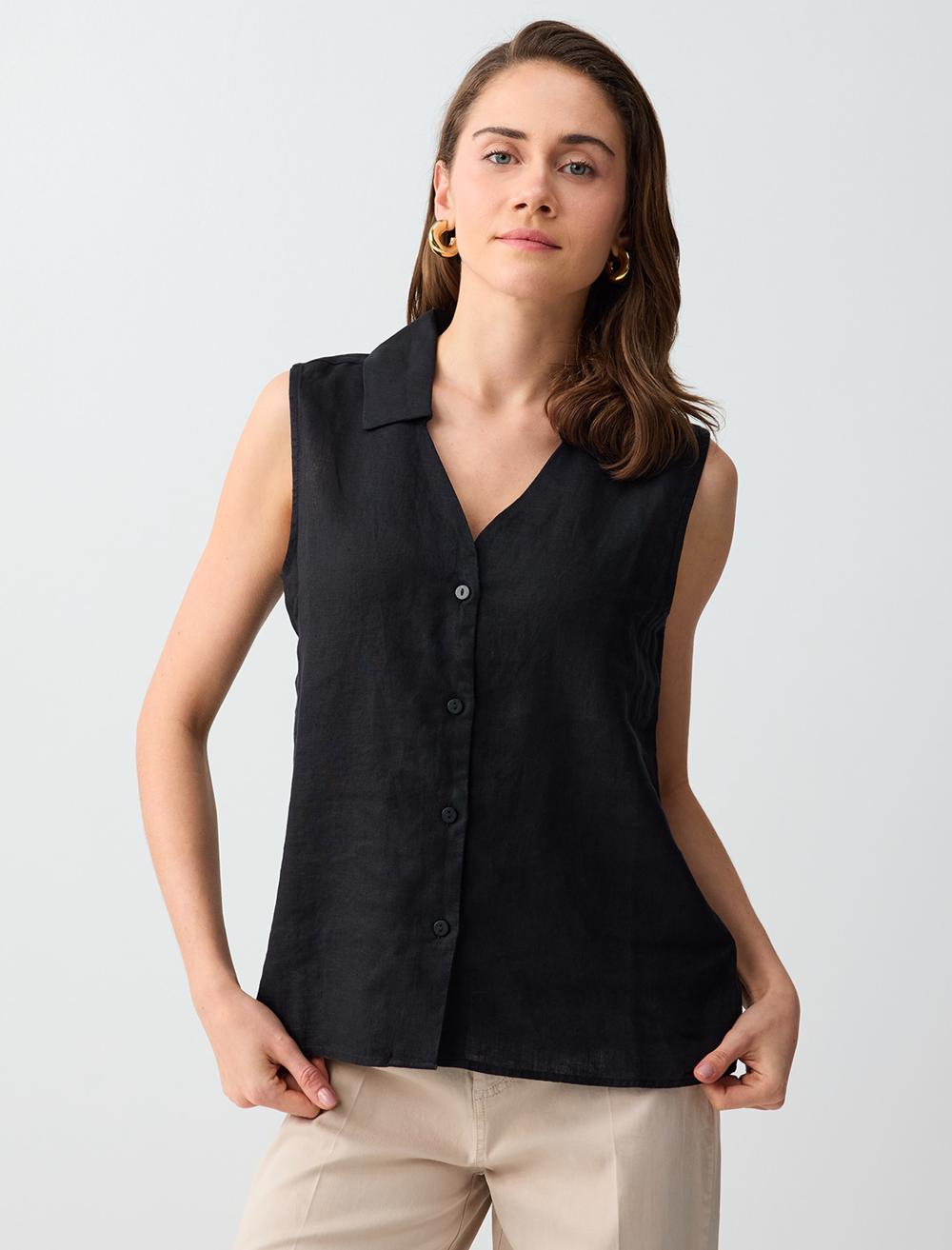 %100 Keten Kolsuz Dar Kesim Gömlek