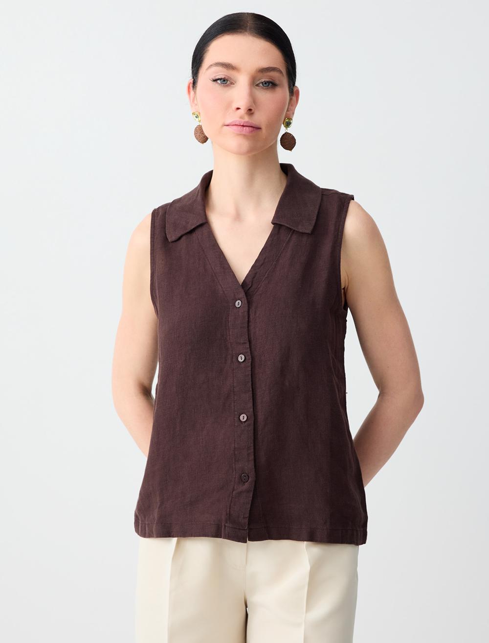 %100 Keten Kolsuz Dar Kesim Gömlek