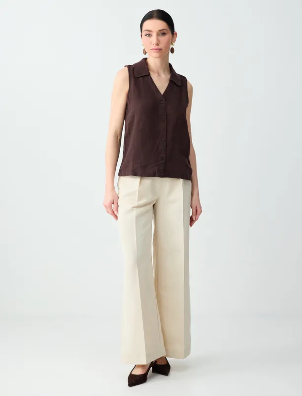 Bayan Kahverengi %100 Keten Kolsuz Dar Kesim Gömlek