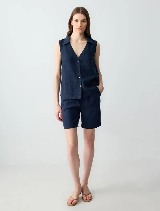 Bayan Lacivert %100 Keten Kolsuz Dar Kesim Gömlek