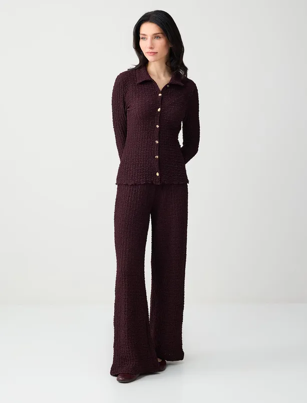 Bayan Bordo Dar Kesim Dokulu Örme Gömlek