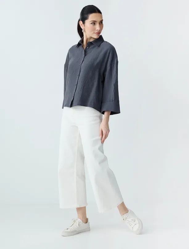 Bayan Antrasit Rahat Kesim Truvakar Kol Modal Dokuma Gömlek