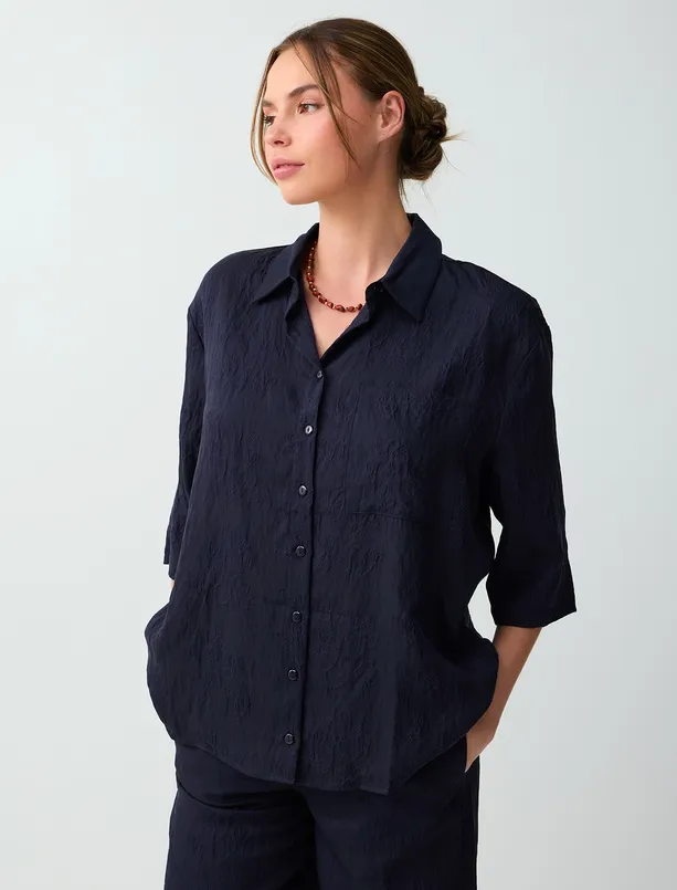 Women  Straight Cut Trouser Sleeve Woven Shirt