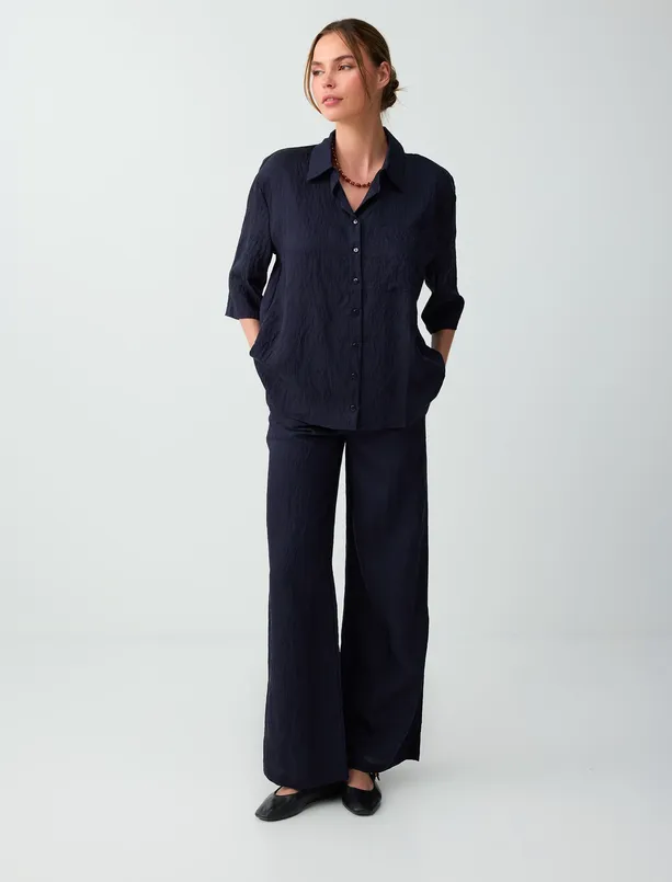 Women Dark Blue Straight Cut Trouser Sleeve Woven Shirt