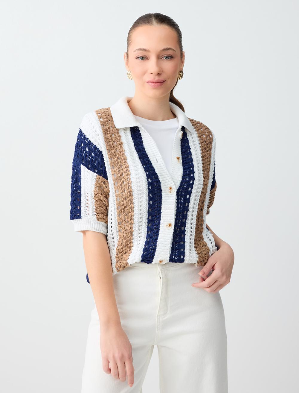 Kısa Kollu Polo Yaka Çizgi Desenli Triko Hırka