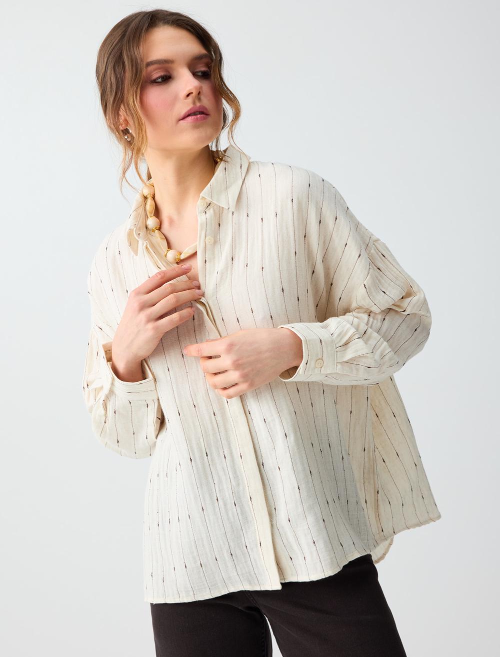 Keten Karışımlı Rahat Kesim Çizgili Dokuma Gömlek