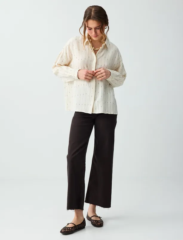 Women Ecru Linen Blend Relaxed Fit Striped Woven Shirt