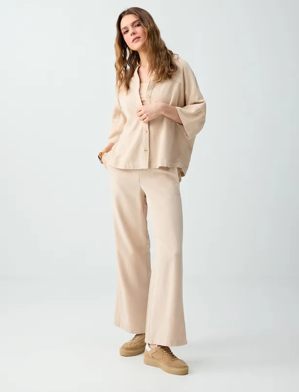 Women Beige Relaxed Fit Trouser Sleeve Woven Shirt