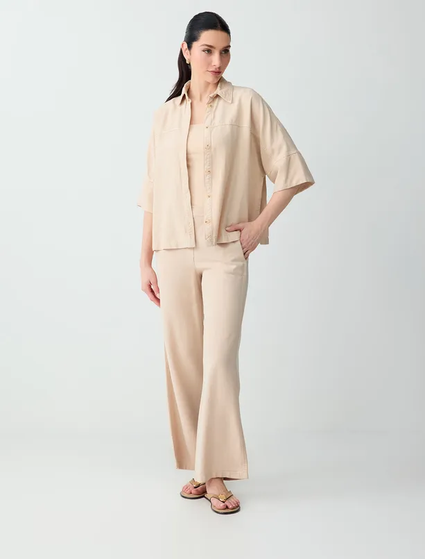 Bayan Bej Rahat Kesim Truvakar Kol Dokuma Gömlek