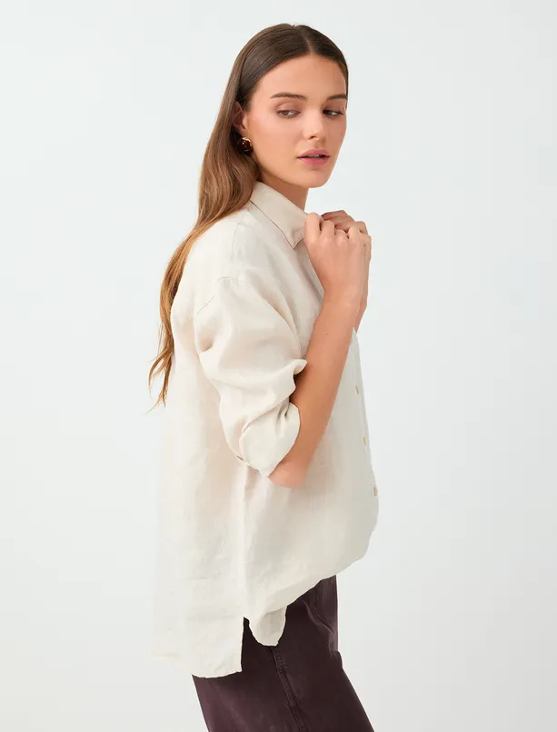 Women Beige 100% Linen Long Sleeve Woven Shirt