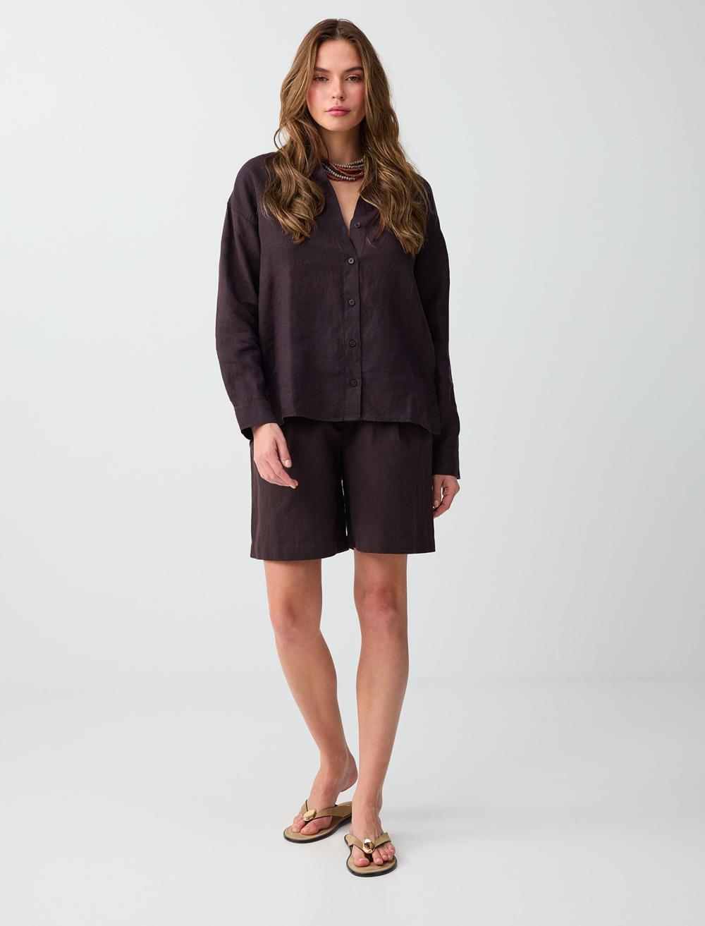 %100 Keten Uzun Kollu Dokuma Gömlek