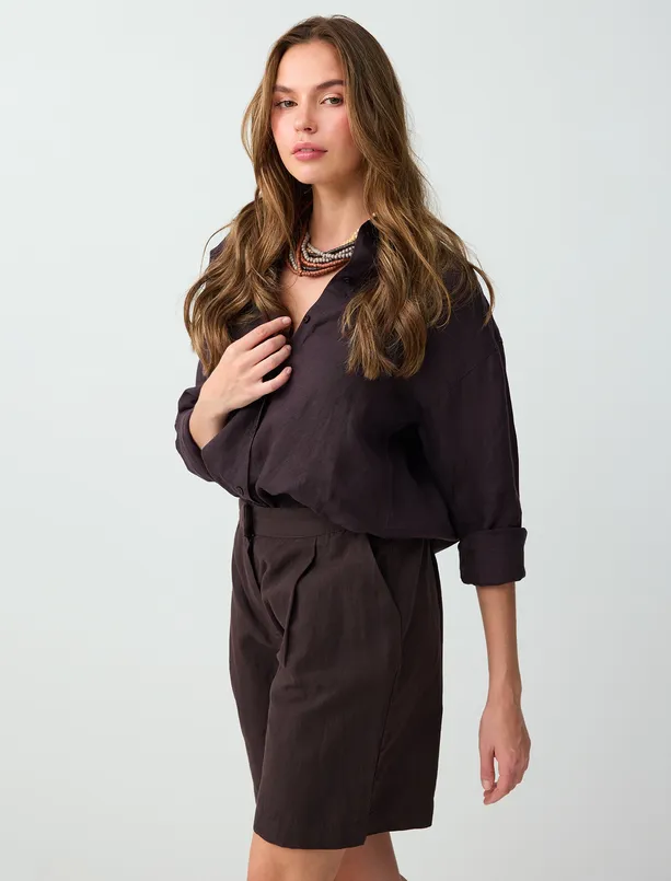 Bayan Kahverengi %100 Keten Uzun Kollu Dokuma Gömlek